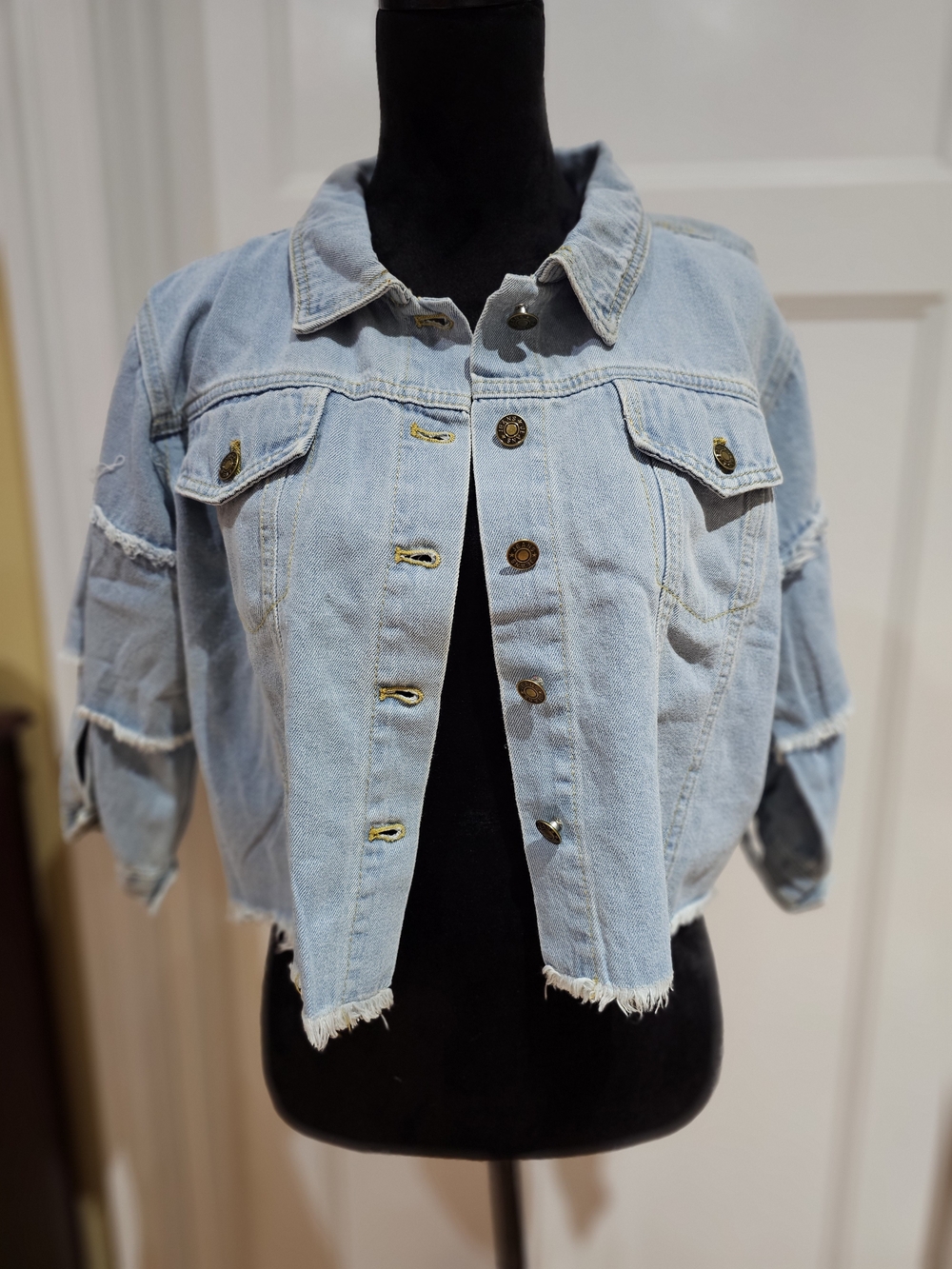 Light Blue Cropped Denim Jacket With Frayed Hemline, NWT